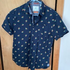 MBX Navy Blue Button Men Shirt with Turkey Football Thanksgiving Hawaiian SZ M